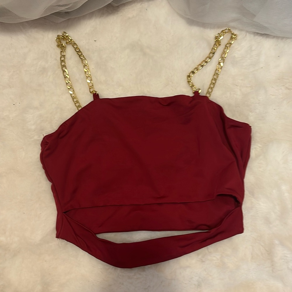 Red Crop Top with Gold Chain Straps